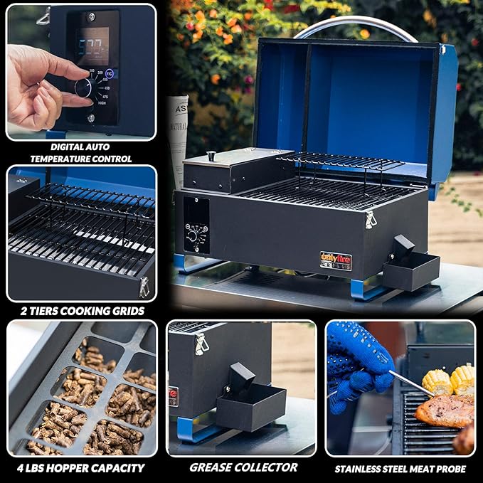 ONLYFIRE GRILLS BBQ Wood Pellet Grill Smoker with Digital Control, Meat Probe & 2 Tiers Cooking Area, Portable Tabletop Grilling Stove for BBQ, Smoke, Bake and Roast, RV Camping, Blue GS313