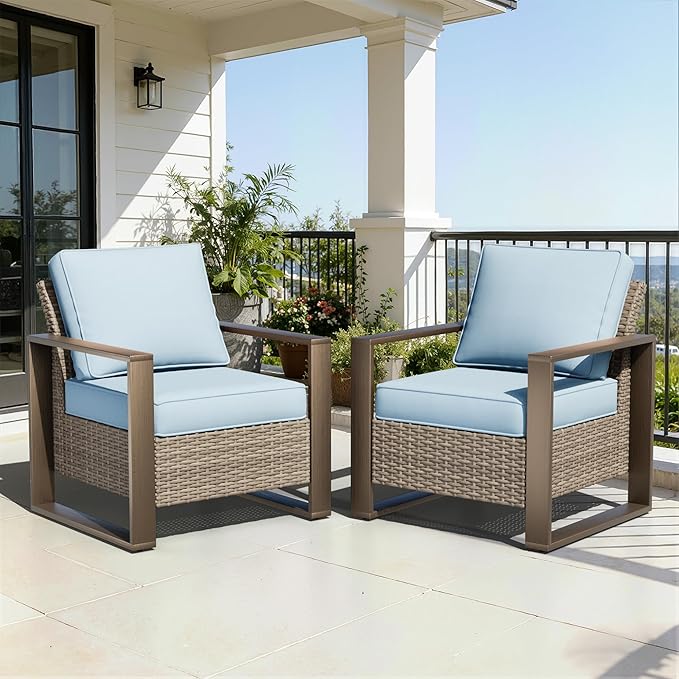 Patio Metal Wicker Chairs Set of 2, All Weather Outdoor Rattan Dining Chairs with Rectangular Framed Wood-Looking Armrest & Fade-Resistant Cushions for Deck Balcony Backyard, Baby Blue