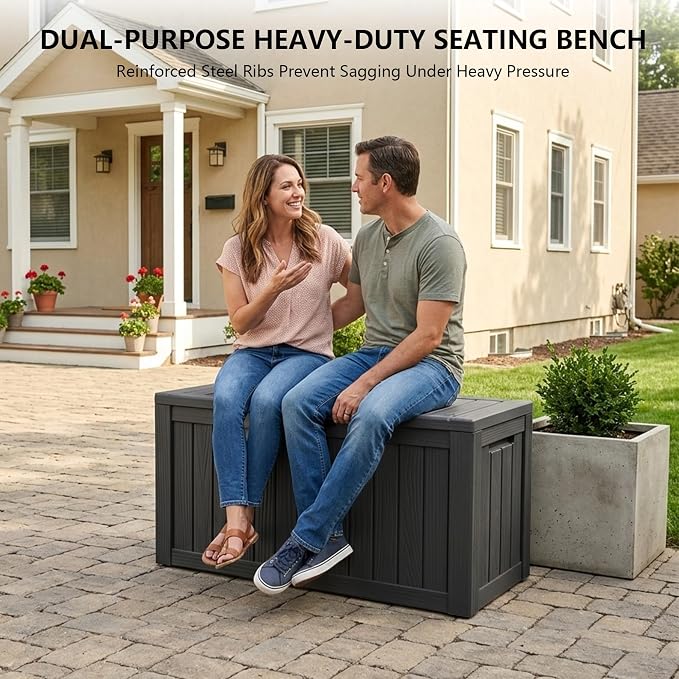 Outdoor Storage Box, 90 Gallon Waterproof Deck Box [Upgraded 3.0], Robust Weatherproof Organizer for Deep-Seat Cushions, Sports Equipment, Lockable Garden Tool Bench Seat, Side Yard, Black