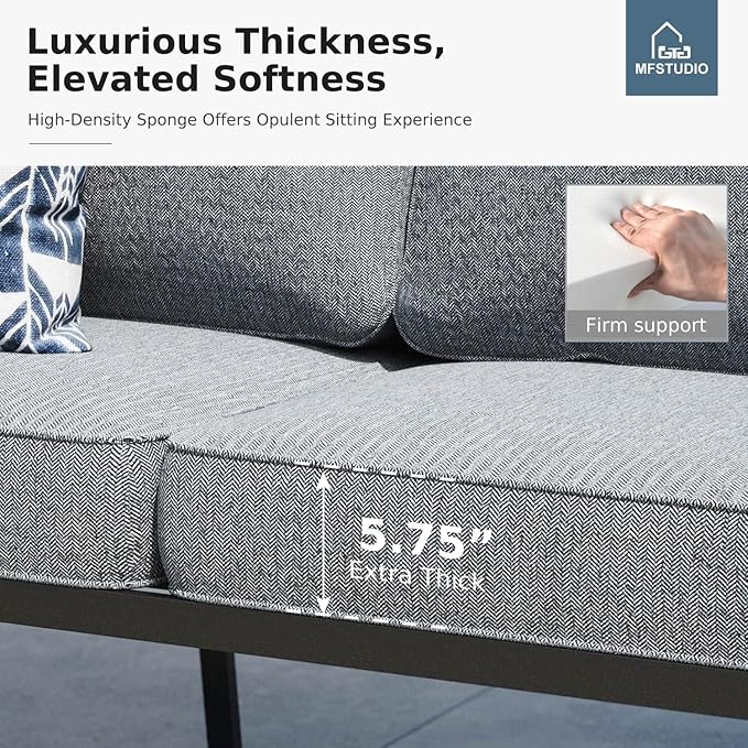 MFSTUDIO 5 Pieces Patio Conversation Sets, 7 Seats Metal Patio Furniture Sets with 1 x 3-Seat Sofa, 2 x Sofa Chairs, 2 x Ottoman, All Weather Steel Patio Sets with 5.75inch Grey Cushion for Garden