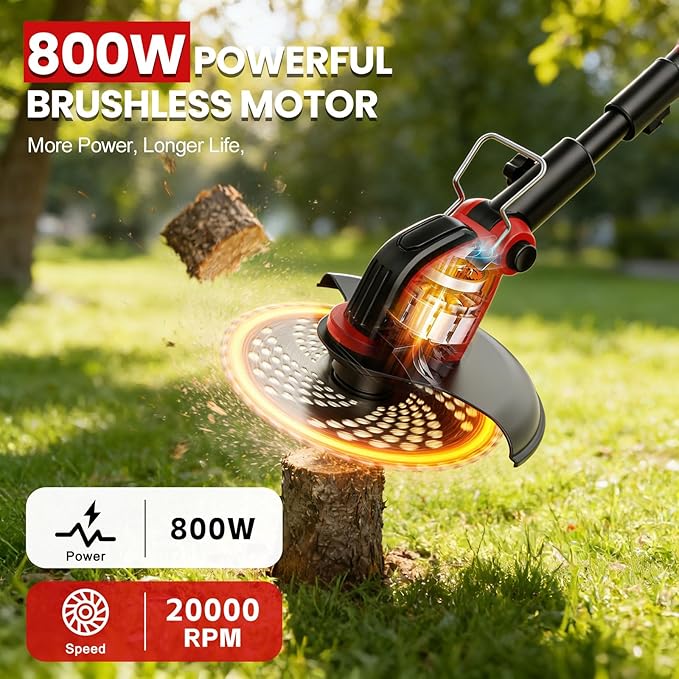 Electric Weed Wacker with Wheels, 12-Inch 2x3.0Ah 21V Battery Powered Weed Eater, Cordless Lawn Mower with 4 Types Blades, 800W Brushless Brush Cutter, 20000RPM Grass Trimmer for Garden Yard