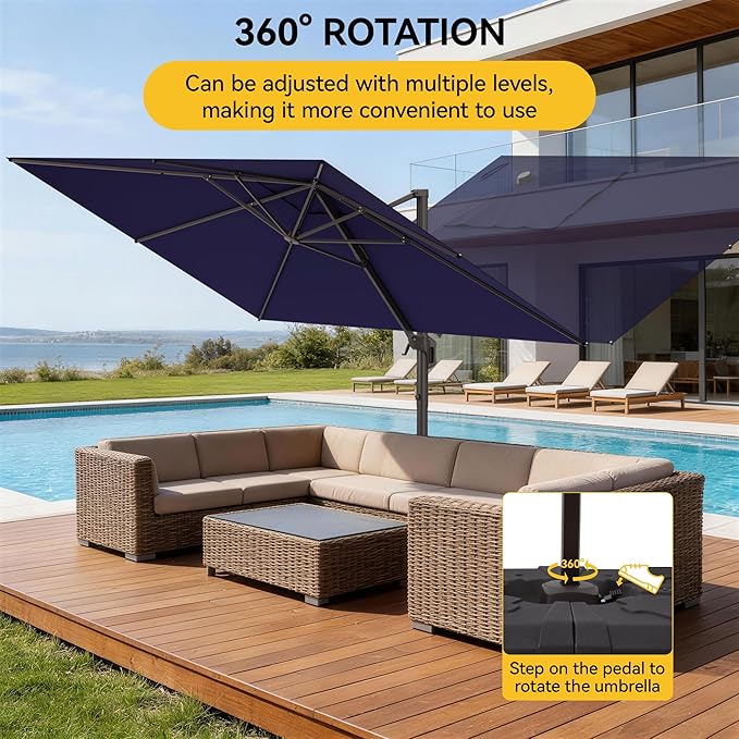 9x12 FT Cantilever Patio Umbrella, Large Rectangular Offset Outdoor Umbrella with 360° Rotation, Heavy Duty Shade Umbrella for Garden Backyard Deck Poolside Courtyard, Navy Blue