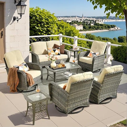 Weaxty 8 Pieces Outdoor Patio Furniture Sets with Swivel Rocking Patio Chairs and Loveseat Sofa,Coffee Table,All Weather Wicker Conversation Set for Deck Backyard Porch Poolside,Beige
