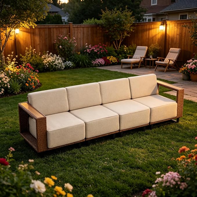 MOCHITO 4 Pieces Outdoor Patio Furniture Sets, All-Weather Sectional Sofa PE Rattan Wicker Conversation Set, Outdoor Patio sectional for Poolside, Porch, Lawn, Garden, Balcony(Beige)