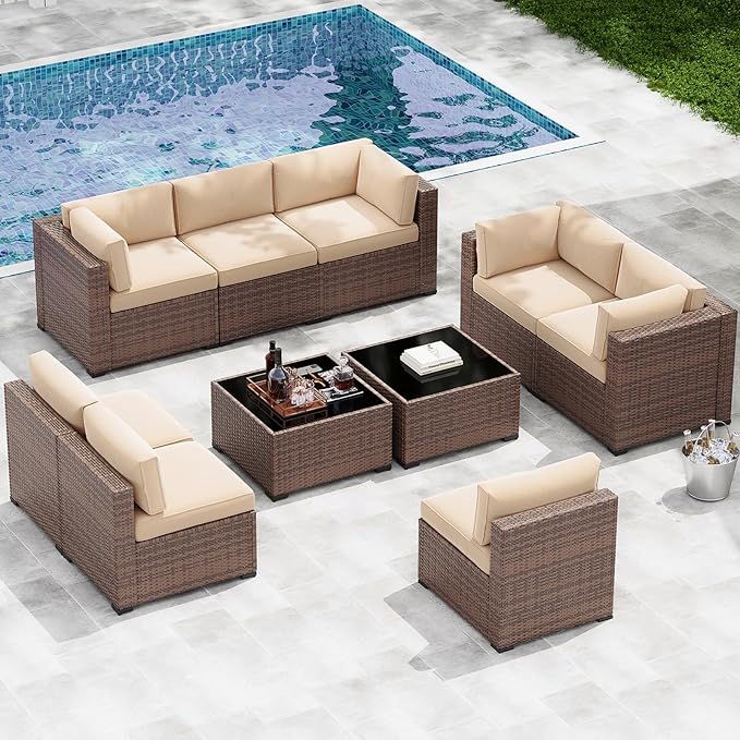 LazySunsets 10-Piece Patio Furniture Set, Wicker Rattan Outdoor Furniture with Thick Cushions, Patio Conversation Sets with Coffee Table, Outdoor Sectional Couch Sofa with Waterproof Cover, Beige