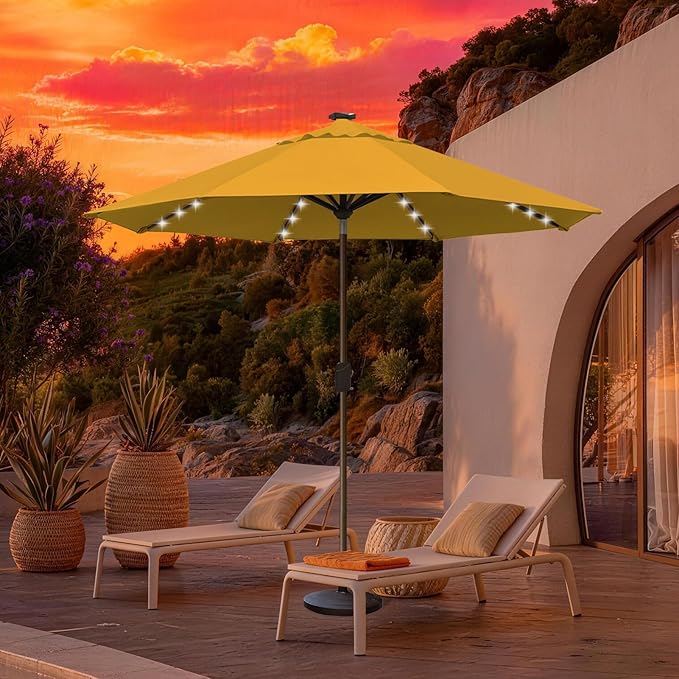 EliteShade USA 10-Year-Non-Fading 10ft Market Patio Umbrella, Commercial Grade Table Sun Umbrella with 80 Solar LED Lights, Crank Open, Windproof & UPF 50+ UV Protection for Garden, Deck, Pool, Backyard, Sunflower Yellow