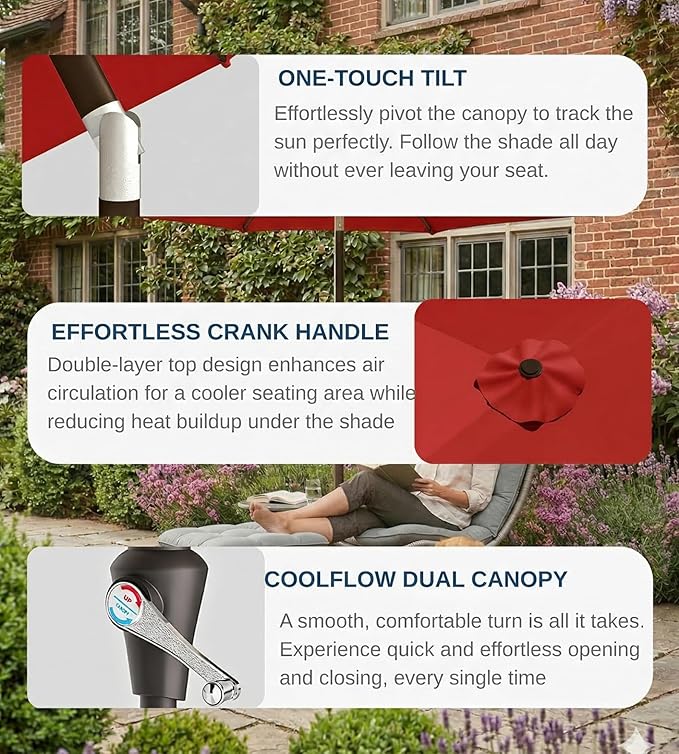 PatioKingdom 9FT Patio Outdoor Umbrella-UPF 50+ Sun Shade with Wind Vent, Push-Button Tilt & Smooth Crank Lift, Rust-Resistant Fiberglass Frame for Garden, Backyard,Yard (Red)