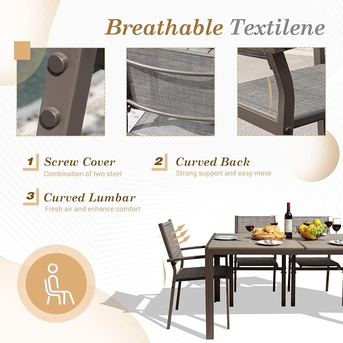 Flamaker Patio Dining Set 7 Piece Metal Frame Outdoor Furniture with 6 Textilene Chairs and Rectangular Table Family Kitchen Conversation Set for Backyard, Lawn (Grey)