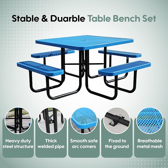 46Inch Square Picnic Table for 8 Person, Outdoor Heavy Duty Sturdy Picnic Tables with 4 Benches & Umbrella Hole, Commercial Metal Patio Picnic Table for Garden, BBQ, Coffee Store, Party, Porch (Blue)