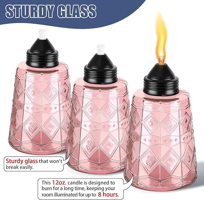 4-Pack Glass Table Top Torches - 12oz Refillable Citronella Torches Canisters for Outdoor, Includes Wick & Cap, Decorative Lanterns for Patio, Garden, Yard, Party, Landscape (4 Pack-Pink)
