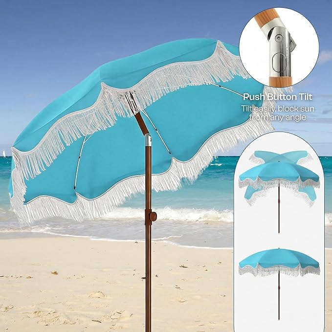7FT Patio Umbrella with Fringe, Outdoor Tassel Umbrella with Fiberglass Ribs, Boho Beach Umbrella, Push Button Tilt and Carrying Bag, UPF50+