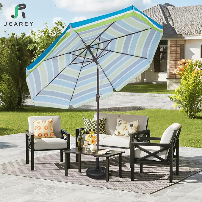 JEAREY 9 FT Patio Umbrella Outdoor, Table Umbrellas Market Umbrella w/Push Button Tilt/Crank, 8 Sturdy Ribs(Blue Green Striped)