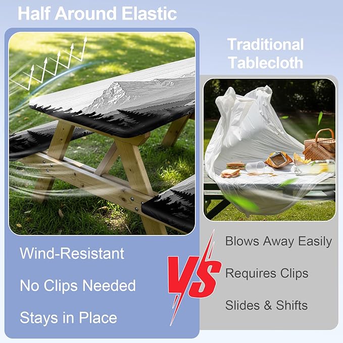 Picnic Table Cover with Bench Covers Camping Essentials Waterproof Windproof Camping Tablecloth with Drawstring Bag, Fitted Rectangle Tables and Seats, 72in, Black White Forest