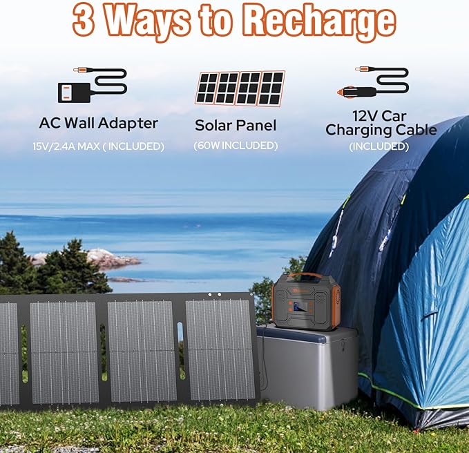 Portable Solar Power Generator with Panels, 300W 110V AC Outlet Power Station with Solar Panel 60W, 100W Power Bank USB C Fast Charging Battery Back for Camping Laptop Smart Devices RV Van Outdoors