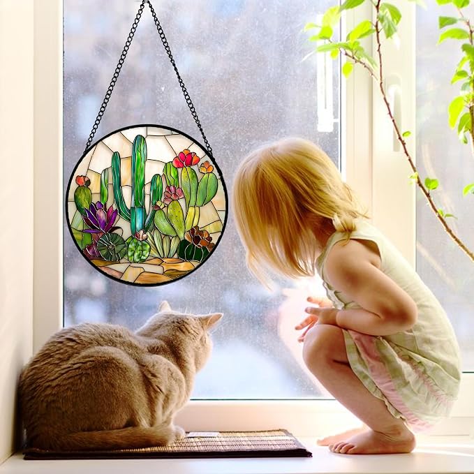 DASTOLL Stained Glass Window Hanging, White Green Cactus Suncatcher Diamond Glass Panel Hangings Sun Catchers Decor for Birthday for Women, Men, Wife, Aunt, and Mom 7.8 in