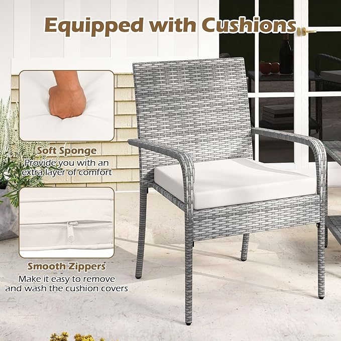 Tangkula 3 Pieces Patio Furniture Set, PE Rattan Outdoor Cushioned Conversation Chairs with 2-Tier Tempered Glass Tabletop Table, for Balcony, Garden and Poolside
