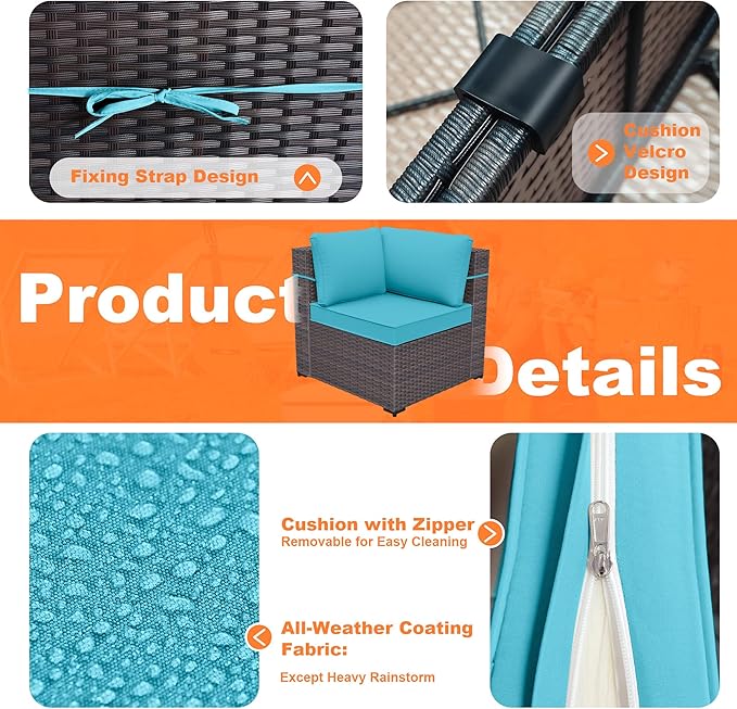 Patio Furniture Set with Fire Pit Table 13-Pieces Outdoor Sectional Furniture Outdoor Rattan Patio Conversation Sets with 43in Propane Gas Fire Pit Table and Glass Table, Blue