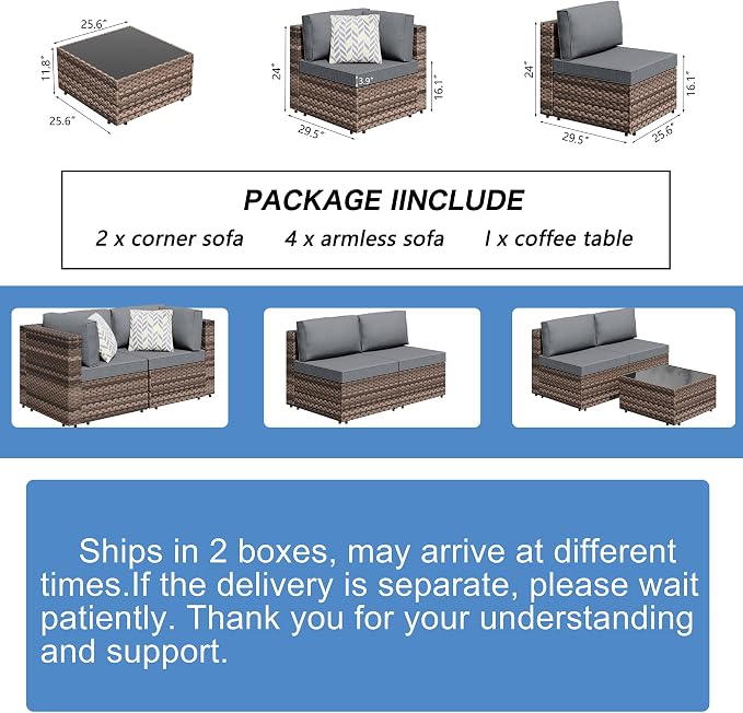 7 Piece Outdoor Patio Furniture Set,Brown PE Rattan Wicker Sectional Sofa, All Weather Conversation Set with Washable Cushions & Glass Coffee Table for Backyard Poolside Garden Porch,Gray