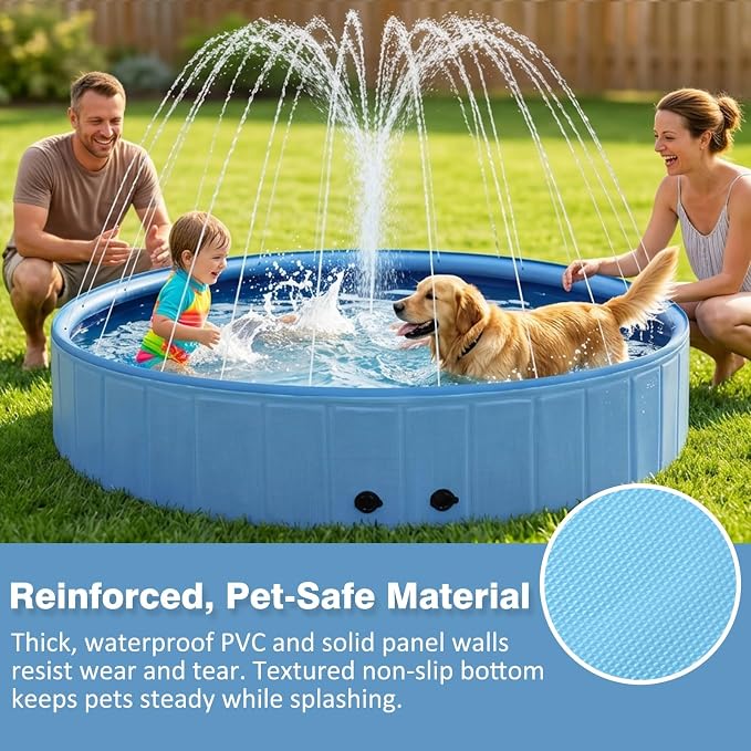 Eooqi Foldable Dog Pool with Sprinkler, 71 Inch Extra Large Thickened Splash Pool, 2-in-1 Outdoor Summer Water Play Toy, Non-Slip Hard-Side Kiddie Pool for Backyard Dogs, Kids & Pets (Blue, 71''-3XL)