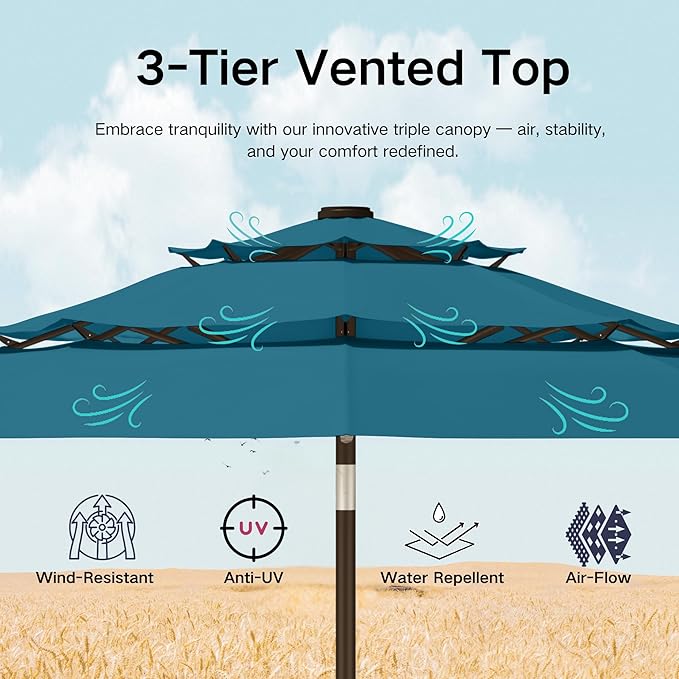Kingdura 9ft 3-Tier Patio Umbrella with Solar Lights, Table Umbrella Outdoor Patio with Easy Crank & Tilt, 8 Sturdy Ribs, UV Protection, 32 LED Lights for Deck, Poolside, Market (Lake blue)