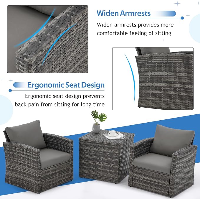 U-MAX 7 PCS Outdoor Patio Furniture Set w/Two Storage Boxes&Furniture Set Cover, Outdoor Conversation Set All-Weather PE Wicker Sectional Sofa, Grey Rattan& Grey Cushions