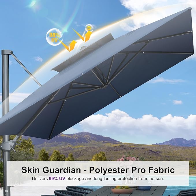 PURPLE LEAF 10' x 13' Cantilever Patio Umbrella Outdoor Umbrella with 330lbs Base Large Rectangular Windproof Offset Umbrella for Pool Deck Garden, Ocean Slate