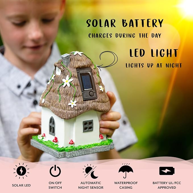 WILD PIXY Fairy Garden Kit - 13 Piece Glow in the Dark Decorative Accessories with 7.1" Outdoor Fairy House with Opening Door and Solar LED Light, Garden Door for Trees, Stones, Indoor/Outdoor Decor