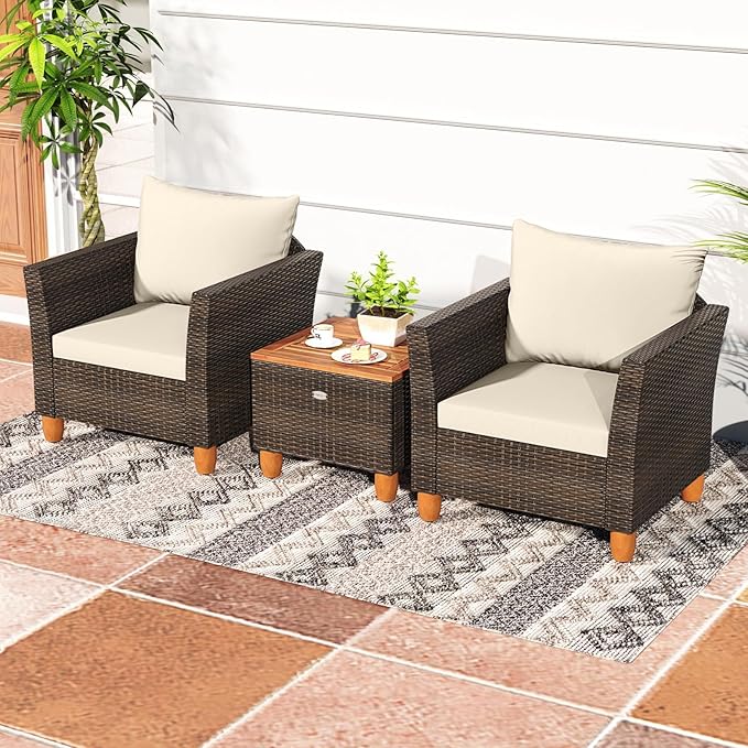 HAPPYGRILL 3-Piece Rattan Patio Conversation Set with Storage Table, Outdoor Wicker Sofa Furniture Set with Cushions for Balcony Backyard Porch
