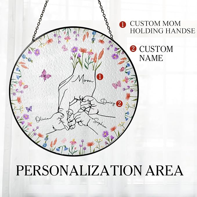 Personalized Family Hand Holding Suncatcher - Custom Number of Hands & Names - Stained Glass Window Hanging - Mother's Day, Birthday Gift for Mom, Grandma (Mom Hand Holding Kids)