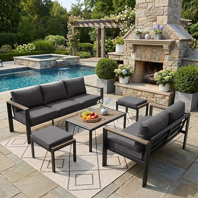 Outdoor Patio Furniture Set 5 Pieces Luxury Aluminum Patio Conversation Set with Coffee Table and 2 Ottoman 7 Seats, Thick Cushions, Large Sectional Sofa for Porch, Balcony, Yard, Dark Gray