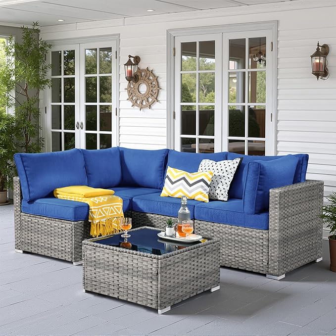 5 PCS Outdoor Patio Furniture Sets,Wicker Weather Resistant Patio Conversation Set with Comfy Cushions,Modular L Shaped Sofa with Coffee Table for Yard Backyard Porch Garden Poolside,Navy Blue
