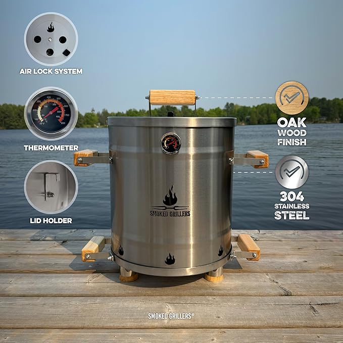 Barrel Smoker Grill Combo | 100% 304 Stainless Steel Barrel | 95% Less Smoke, Even Heat | Easy to Use & Clean – Vertical Smoker Ideal for Balconies and Backyards (SMALL-13 LBS)