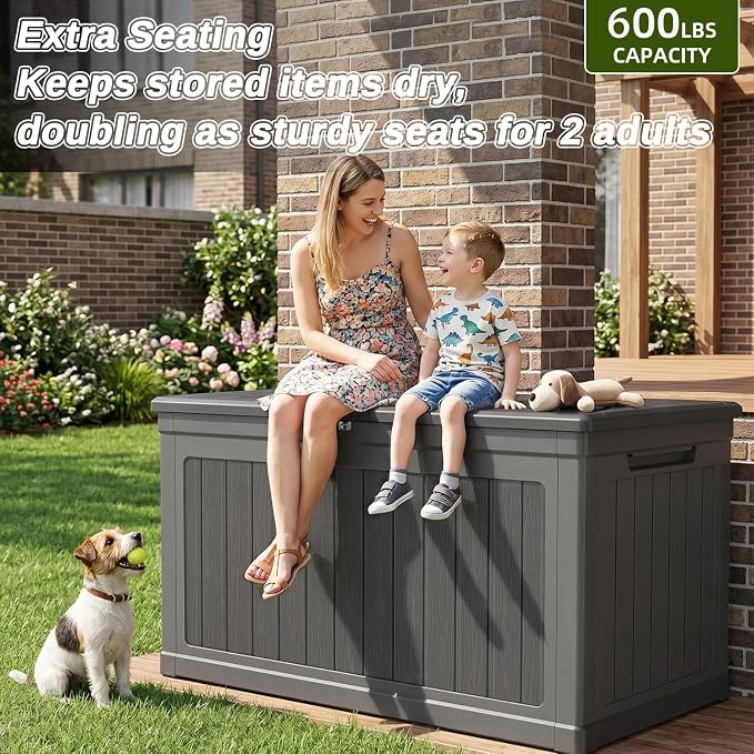 270 Gallon Deck Box, Extra Large Waterproof Outdoor Storage Box with Hydraulic Rod, Weatherproof Resin, Lockable Wood-grain Finish Container for Patio Furniture, Garden, Pool and Garage (Black)