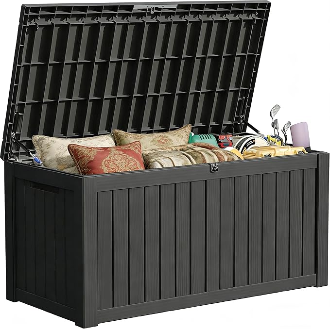 150 Gallon Outside Storage Box & Bench,Lockable&Waterproof Storage Organizer for Patio Furniture Accessories, Garden Tools, Indoor Storage for Cushion, Black