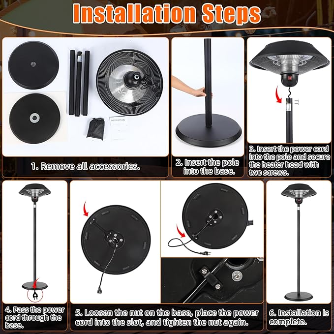 Glooglitter Patio Electric Outdoor Heater Stainless Steel 1500W Standing Infrared Heaters with Dust Cover for Indoor/Outdoor Use, 3 Heat Settings, Fast Heating, Height Adjustable, Tip-Over Protection