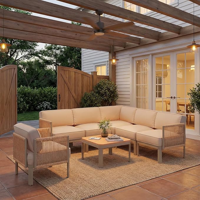 EROMMY 7 Pieces Patio Sectional Furniture Set, Metal Frame Outdoor Conversation Set with Single Seat, 6" Thick Cushions & Coffee Table, All-Weather Sofa for Poolside, Deck & Backyard, Beige