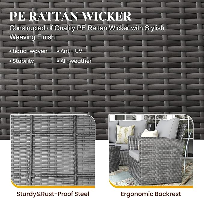 4-Piece Outdoor Patio Furniture Set, All Weather Wicker Rattan Sectional Sofa Conversation Seating Set with Cushions & Large Glass Coffee Table, Ideal for Garden Backyard Porch, Grey