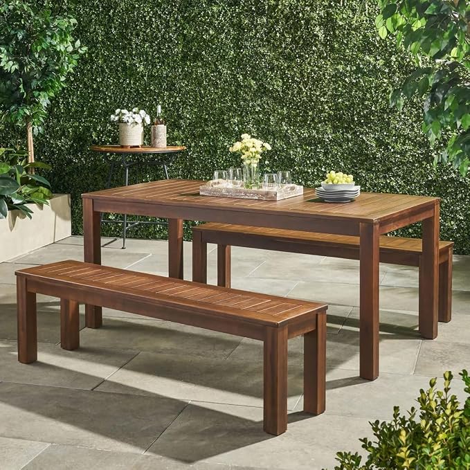 69'' Outdoor Patio Dining Table & 2 Bench for 4, Acacia Wood Farmhouse Dining Table Set Outdoor & Indoor Furniture for Patio Porch Garden, 3-Pcs, Dark Brown