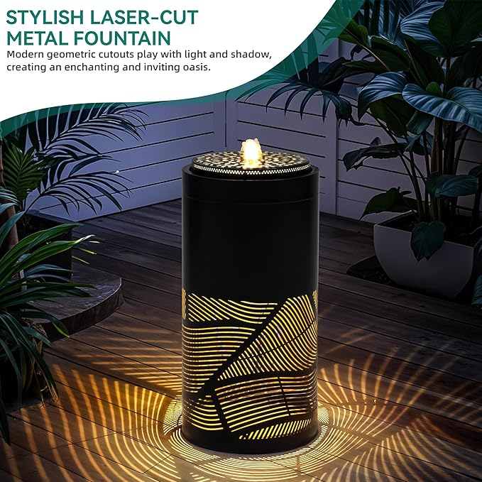 23.6"H Modern Metal Outdoor Water Fountain with LED Lights, Matte Black Geometric Cutout Bird Bath Garden Fountain, Soothing Waterfall Feature for Patio, Yard, Porch, 23.6"H-Sleek Matte Black