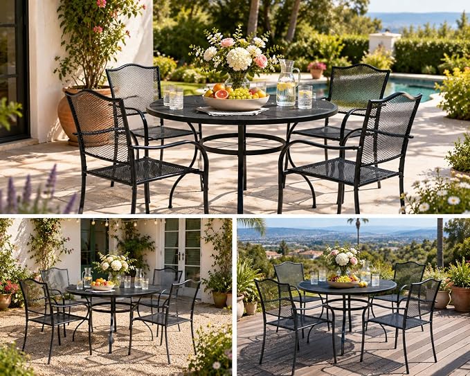 7 Piece Outdoor Dining Set, Patio Dining Table Set for 6, 47" Mesh Round Table with 6 Black Metal Mesh Outdoor Dining Chairs with Armrest for Lawn, Garden, or Porch