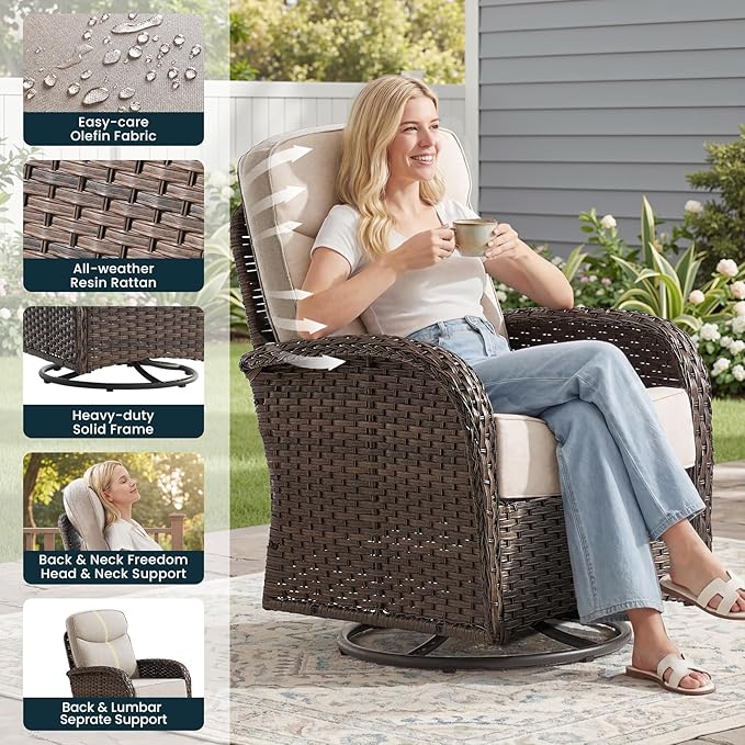 Luxury 6-Inch Cushion Patio Furniture Set with 41" Fire Pit Table, High Back Swivel Rocker Patio Chairs with Outdoor Couch, Outdoor Wicker Conversation for Deck Porch Garden Balcony Poolside