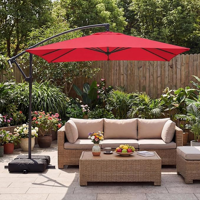 Tangkula 8x8 FT Patio Umbrella with Base Included, Square Offset Cantilever Outdoor Umbrella with 360 Degree Rotation, Crank Handle, Sandbags, 8 Ribs for Pool Deck Garden Backyard