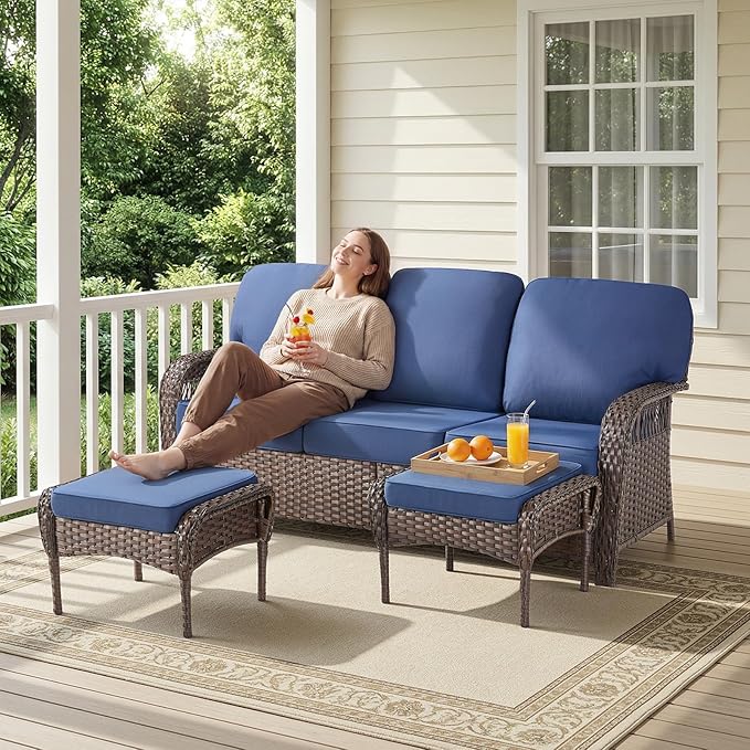 Belord Wicker Swivel Rocker Patio Chairs with Ottoman, All-Weather Wicker Outdoor Furniture Set, 5 Piece Patio Conversation Furniture Set,Blue