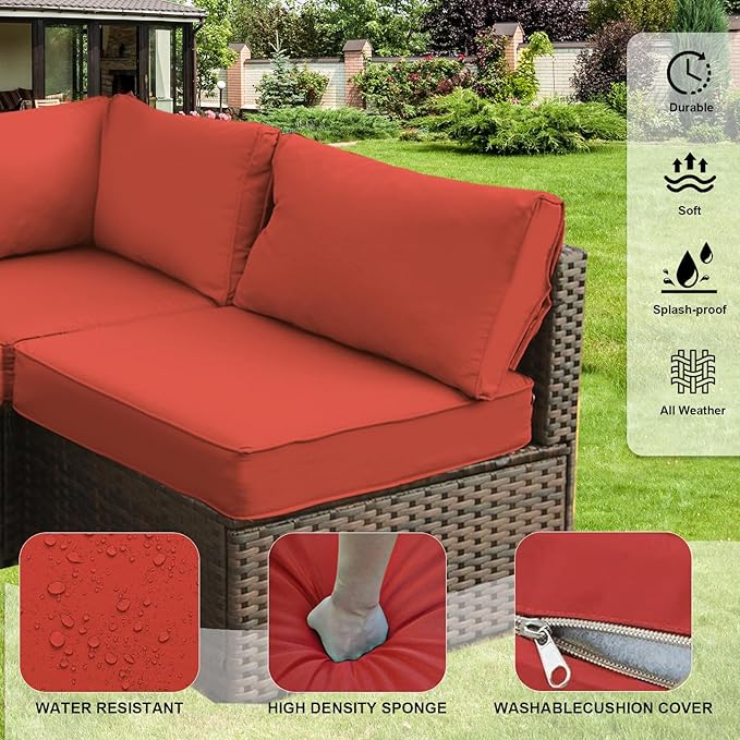 Grezone Patio Furniture Set,7 Piece Patio Furniture Set with Fire Pit Table,PE Wicker Rattan Sectional Sofa Patio Conversation Set with Thickened Cushions, Red