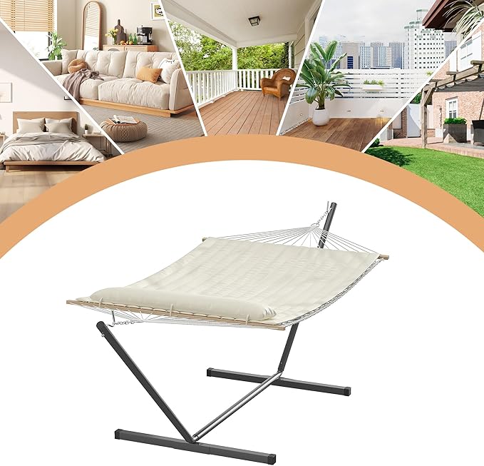 Double Outdoor Hammock with Stand,2 Person Portable Hammock, Heavy Duty Hammock with Soft Pillow,Curved Spreader Bar,Balance Ropes for Outdoor Patio Backyard Poolside,Beige