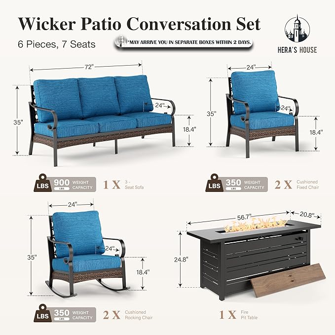 HERA'S HOUSE 6 Piece Metal Patio Furniture Set with 56" Fire Pit Table, All Weather Outdoor Conversation Set 7 Seats, 3 Seat Sofa, 2 Rocking Chair, 2 Fixed Chair for Backyard Garden Deck, Pacific Blue