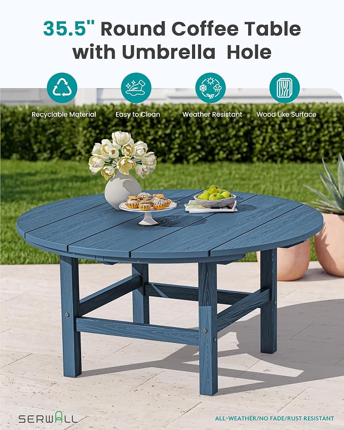 SERWALL 35.5'' Outdoor Round Table with Umbrella Hole, HDPE Weatherproof Coffee Table, Blue