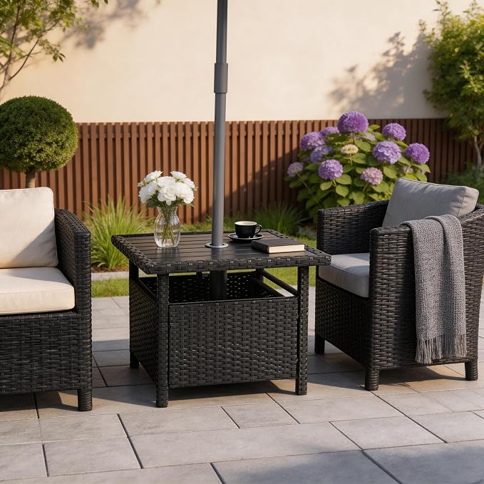 Sundale Outdoor Patio Umbrella Stand All Weather Wicker Rattan 22 in Umbrella Table Garden Furniture Deck Pool Table, Black