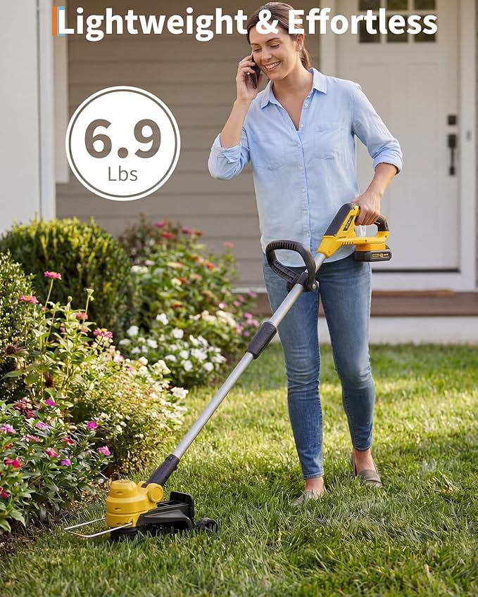IDEALHOUSE 20V Cordless String Trimmer/Edger, 2-in-1 Weed Trimmer with Guide Wheel for Clean Edges, 12" Cutting Swath, Adjustable Length, Includes 8 Spools, Black & Yellow