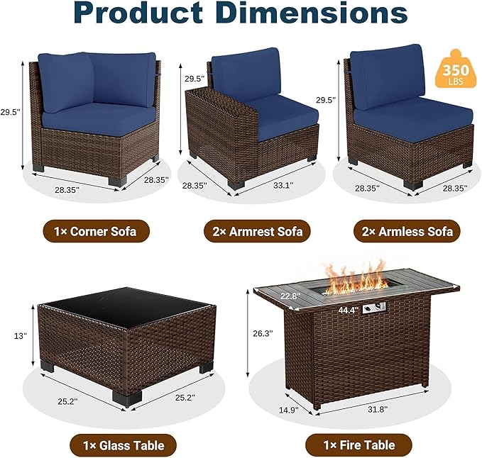 7 Piece Patio Furniture Set with Fire Pit Table, Outdoor Conversation Sets Wicker Rattan Sectional Sofa with Coffee Table for Patio Garden Backyard, 4'' Thickened Cushion Navy Blue